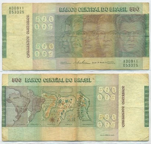 Brazil 500 CRUZEIROS P-196 1974 Commemorative Use Brazilian Ship Racial Map NOTE - Picture 3 of 6