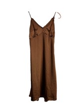Japna Brown Satin Slip Dress L Y2K 90s Grunge Sleek Minimalist Side Slit Fairy