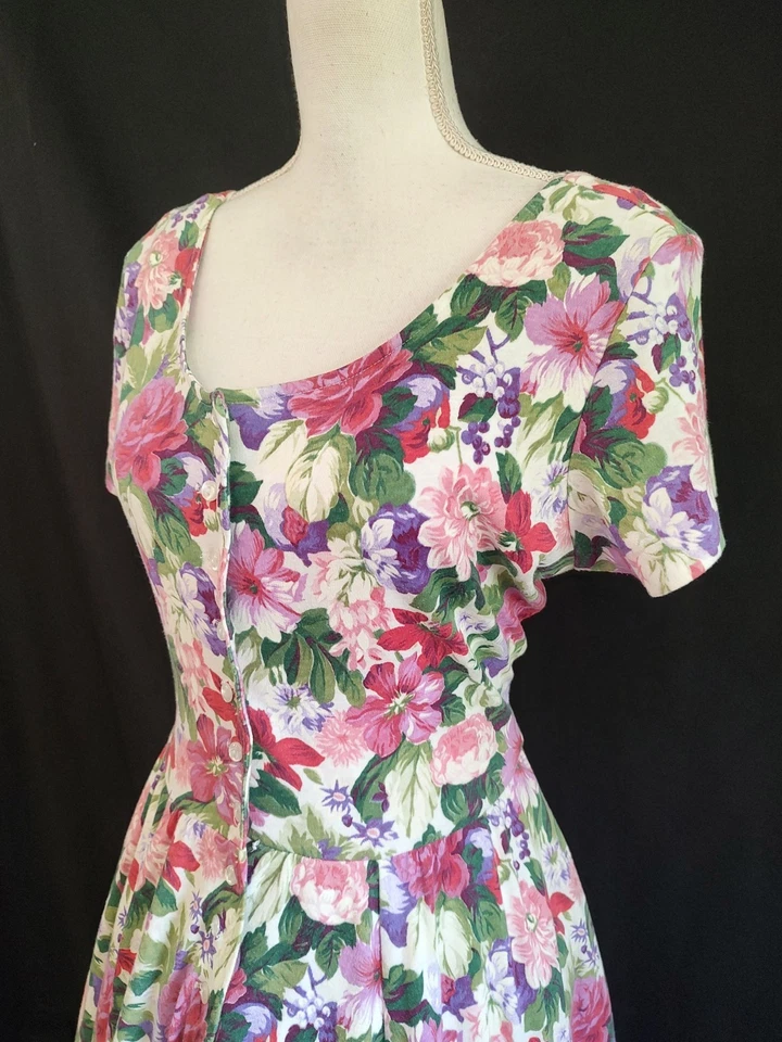 80s Vintage Dress EXPO Floral Cottagecore Country Pink Purple Circle Skirt 10 P - Image 2 of 4