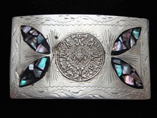 OB01163 VINTAGE 1970s  MAYAN CALENDER  ABALONE SOUTHWESTERN DESIGN BELT BUCKLE