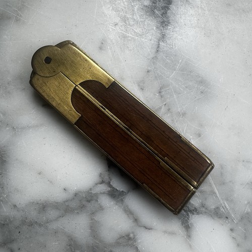 Beautiful Antique Folding Ruler Wood and Brass Signed Great Patina Small Pocket