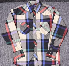 Vintage 90s Wrangler Pearl Snap Shirt Mens Medium Plaid Western Long Sleeve