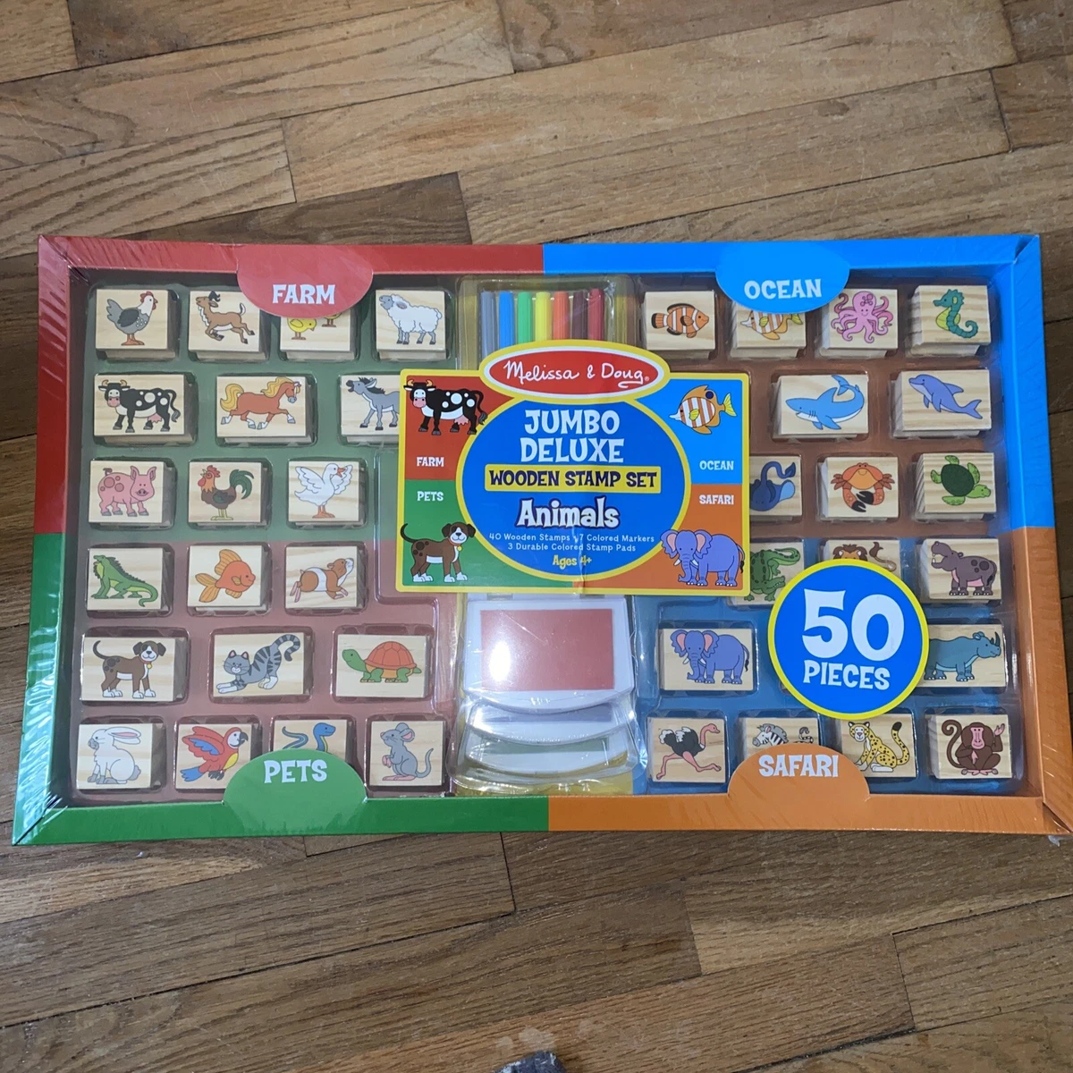 Melissa And Doug Jumbo Deluxe Animals Wooden Stamp Set 50 Piece Set New
