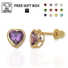 14K Solid Yellow Gold Heart Stud Earrings Birthstone 6mm x 6mm