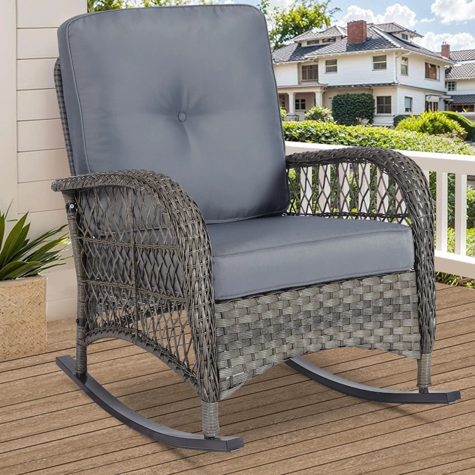 Mecedora de patio de ratán para exterior muebles de mimbre con cojín Foto 4 de 4