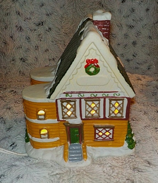 Lighted ceramic house for Christmas village, 2 towers, 7" high