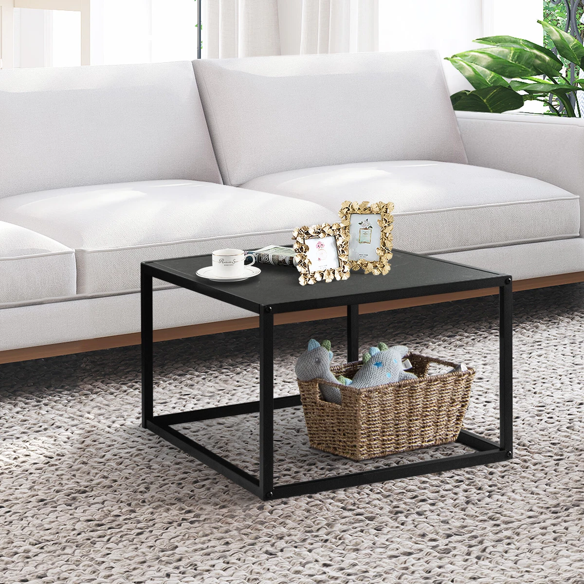 Modern Coffee Table Square Snack Tea Table Marble Tabletop Metal Base Bedroom
