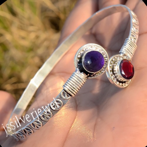 Bracelet Ancien En Argent 925 Avec Péridot Et Grenat - Réglable, Fait Main