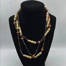 Vintage Elegant Multi Strand Beaded Necklace Wood Cream Brown Layered Statement