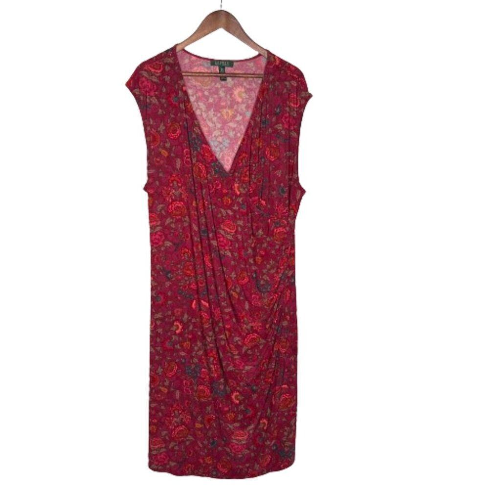 Lauren Ralph Lauren Women Floral Faux Wrap Midi Dress Size 3X Sleeveless Stretch