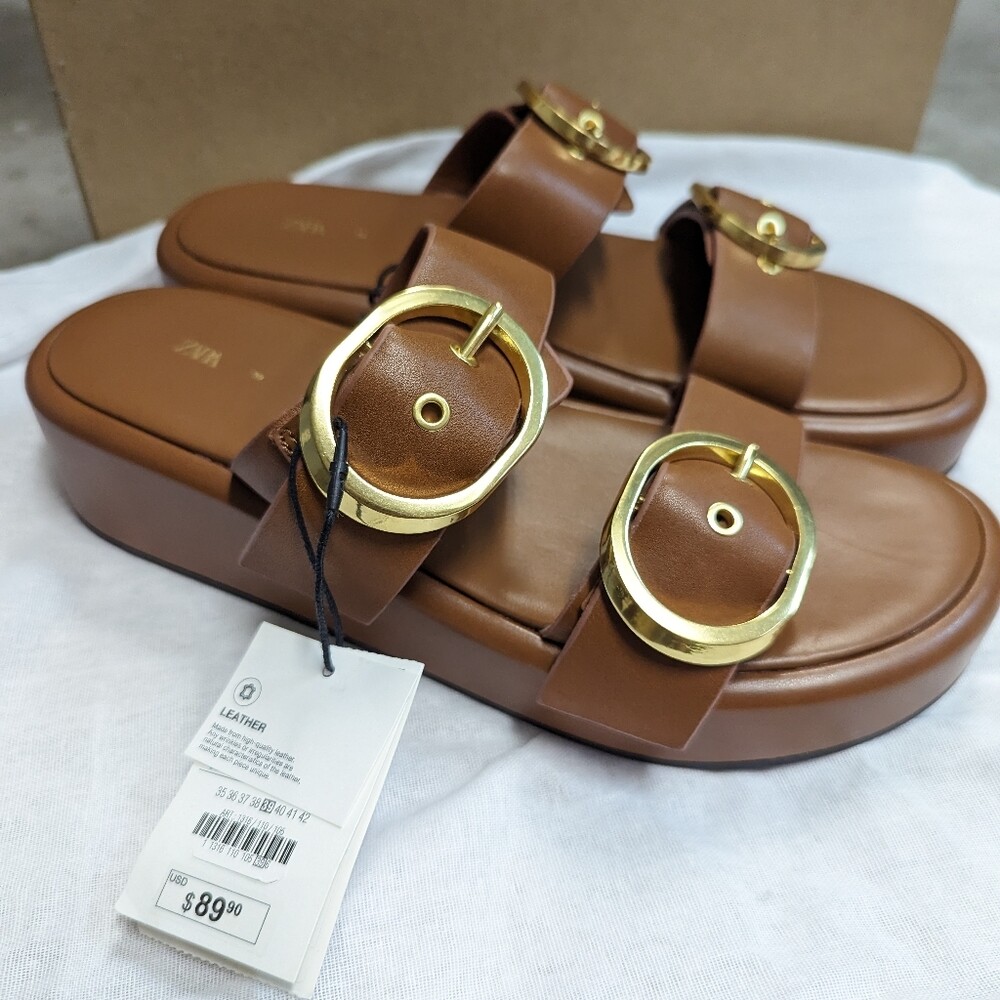 ZARA REAL LEATHER BUCKLED SLIDE PLATFORM SANDALS BROWN size  display picture 1