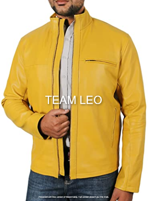 Men's Slim Fit Yellow Lambskin Leather Biker Jacket with Zipper-image