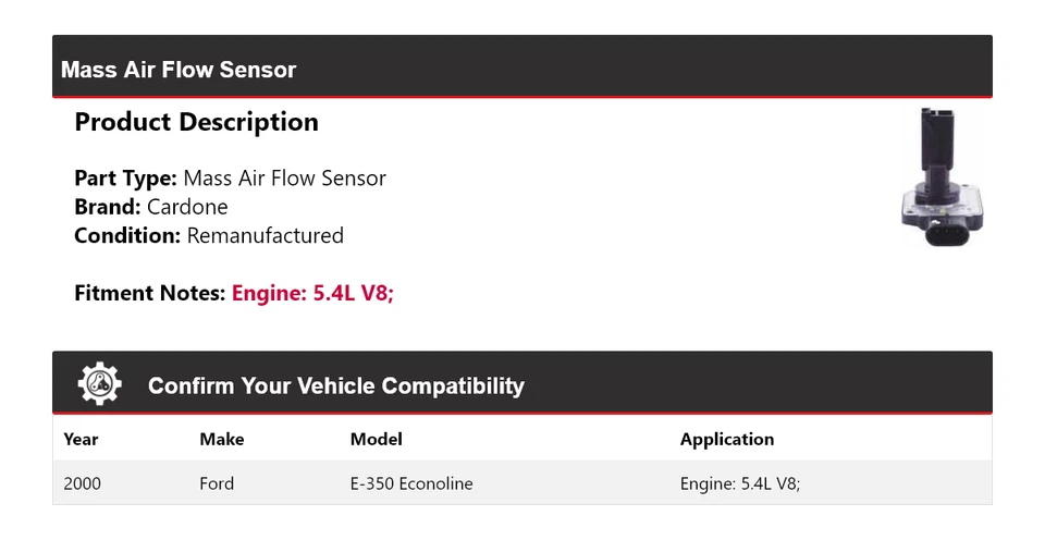 Sensor de flujo de aire masivo Cardone V8 5,4 L para Ford E-350 Econoline 2000 Foto 2 de 4