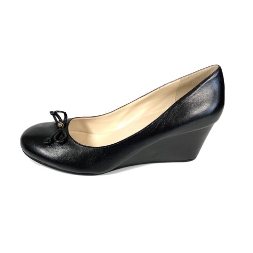 Wedge Pumps Black Leather Bow Size 