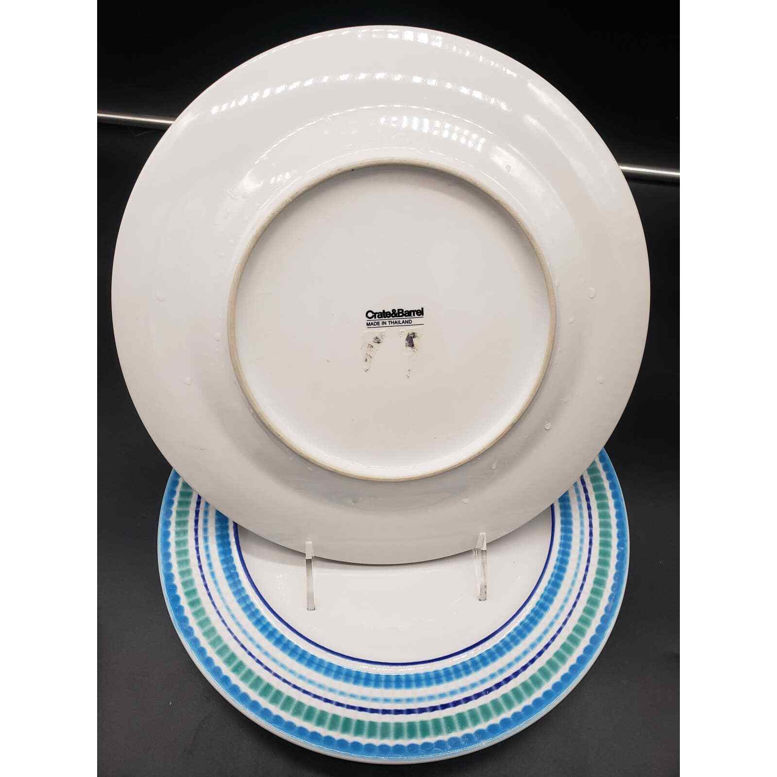 Set of 3 Crate & Barrel BLUE & AQUA Circumferential Bands Dinner Plate, Thailand