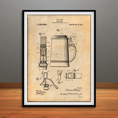1911 Beer Stein Patent Print Art Drawing Poster