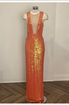 nicole miller formal dresses long COLLECTION ORANGE SEQUIN / NUDE GOWN DRESS Sz 4 CQ10003 coll-ring-details