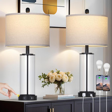 Modern 26" Black Glass Table Lamps Set of 2 with USB Ports  Touch Control