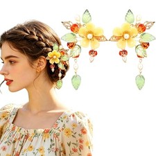 2 Pcs Yellow Flower Hair Clips for Women - Ancient Style Autumn Floral Style2