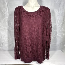 Adrianna Papell Merlot Lace Floral Round Neck Long Sleeve Tunic Blouse XXL