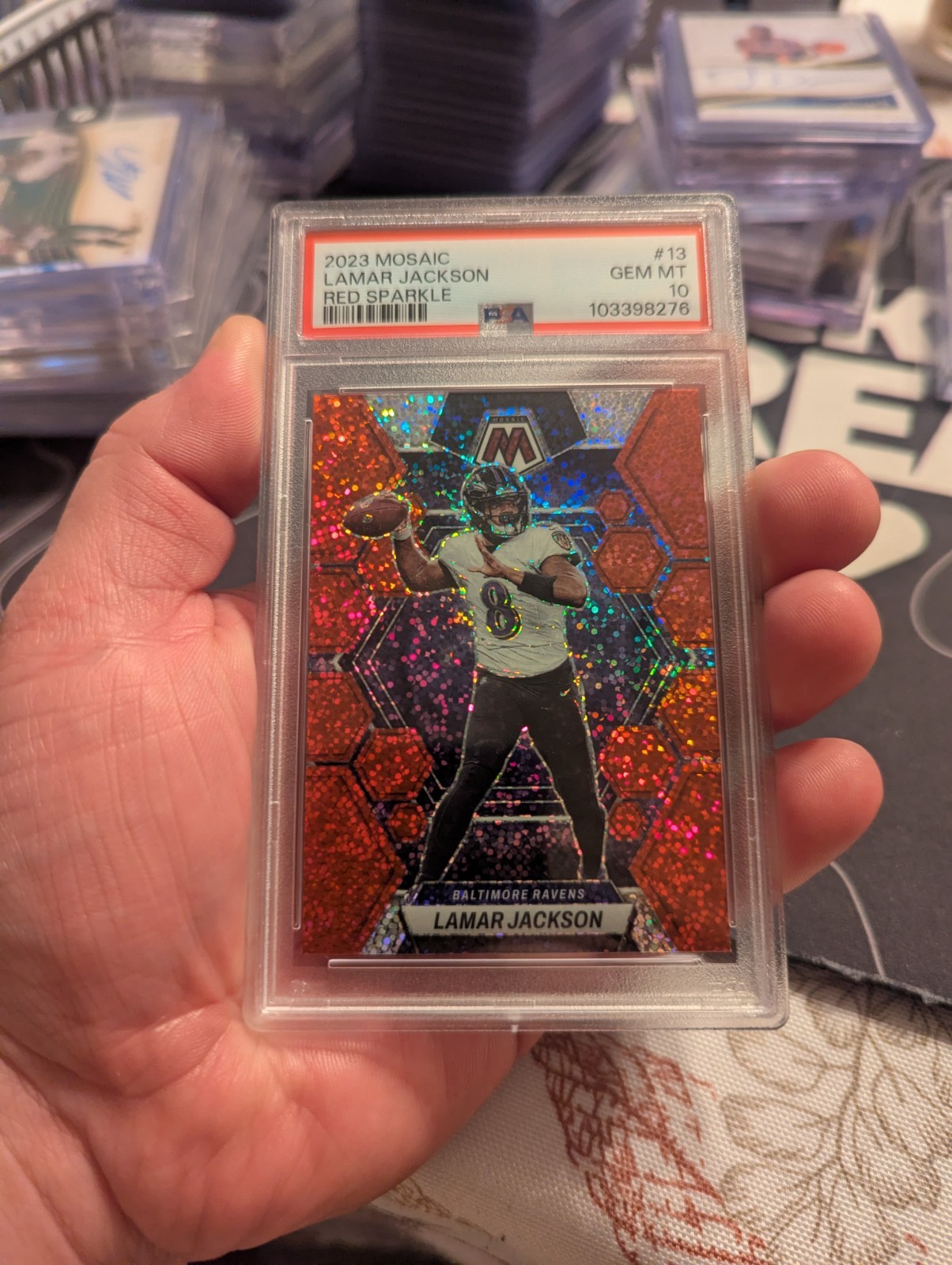 2023 Mosaic Football Lamar Jackson Red Sparkle Prizm Card #13