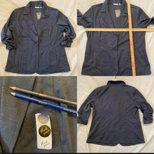 Susan Graver Solid Stretch Collared Travel Blazer Blue Pockets 1 Button