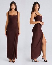 House of CB Lulu Chocolate Ruched Mesh Maxi Dress Size S Regular Cup (A-C)