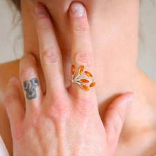 Baltic Amber Ring -Open Leaf Design in Sterling Silver Adjustable Size