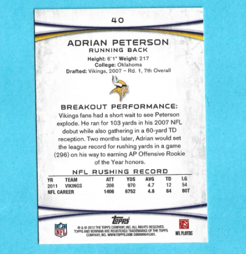 2012 Bowman Football Card #40 Adrian Peterson - Image 2 of 2