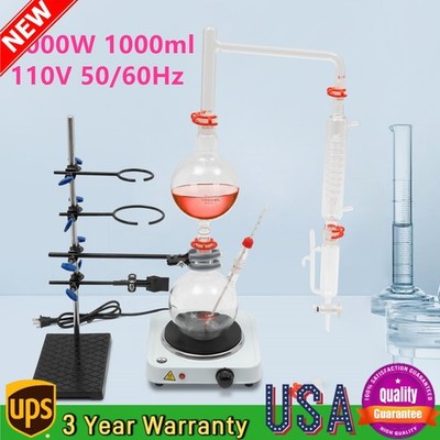 Organic Chemistry Lab Glassware Glass Kit Distillation Equipment Set 1000mL USA