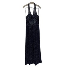 SCALA Full Length Beaded Silk Dress Halter Top Sheer Panels OpenBack Blue Classy