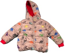 Swiss Tech 2T Dinosaur Print Puffer Jacket Hooded Gray Red Full Zip