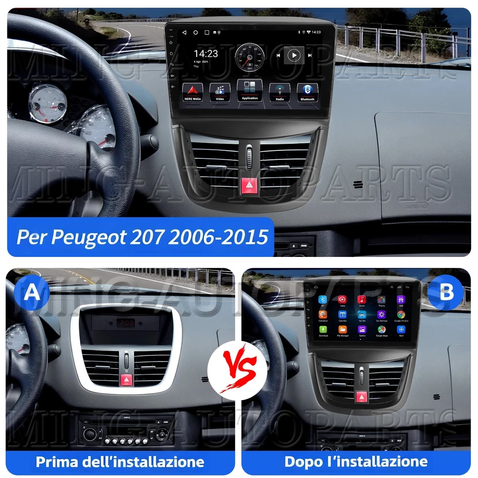 Per Peugeot 207 CC 2006-2015 9" Android 14 Autoradio GPS Navi SWC CarPlay 4+64GB - Immagine 2 di 4
