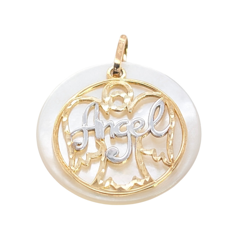 ESTATE SOLID 10K YELLOW WHITE GOLD ANGEL MOTHER OF PEARL PENDANT #7833