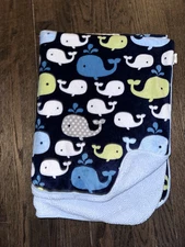 Circo Target Blue Green White WHALES Navy Blue Baby Blanket Sherpa Reverse