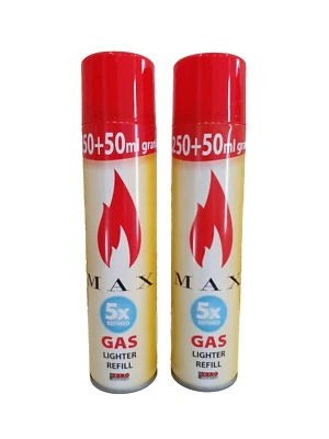2x Feuerzeuggas MAX 300ml Premium-Gas 5x Adapter Butangas Nachfüllkartusche