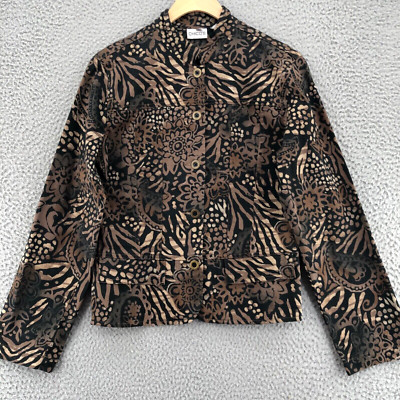 Chicos Jacket Womens 0 US Small Brown Animal Print Floral Button Collar Stretch