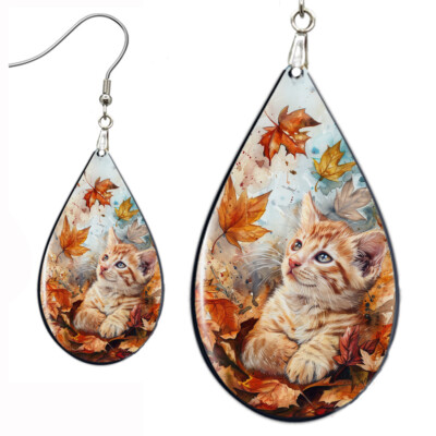 Orange Ginger Kitty Cat Earrings Teardrop NO TARNISHING Wood Fall Autumn Leaves