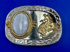 Layered Cabochon Cab Stone Centerpiece On Cowboy Saddle Bronc Belt Buckle