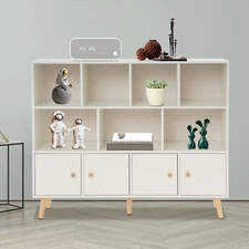 Open Bookshelf with Solid Wood Legs, Standing Open Bookshelf W/ 11 Compartments