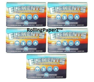 BUY FIVE Packs 1 1/4 Elements Ultra Thin Rice Rolling Papers 300 Leaves Per Pack