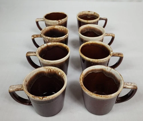 8 Vintage McCoy Salt Glaze Brown Drip D Handle Coffee Mug - SET OF 8