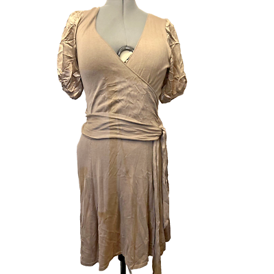 BCBG MAXAZRIA Tan Silk Knit Faux Wrap Dress Midi Short Puffy Satin Sleeves  Party | eBay