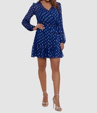  179 Betsy  Adam Women Blue Metallic V-Neck Chiffon A-Line Dress Petite Size 6P