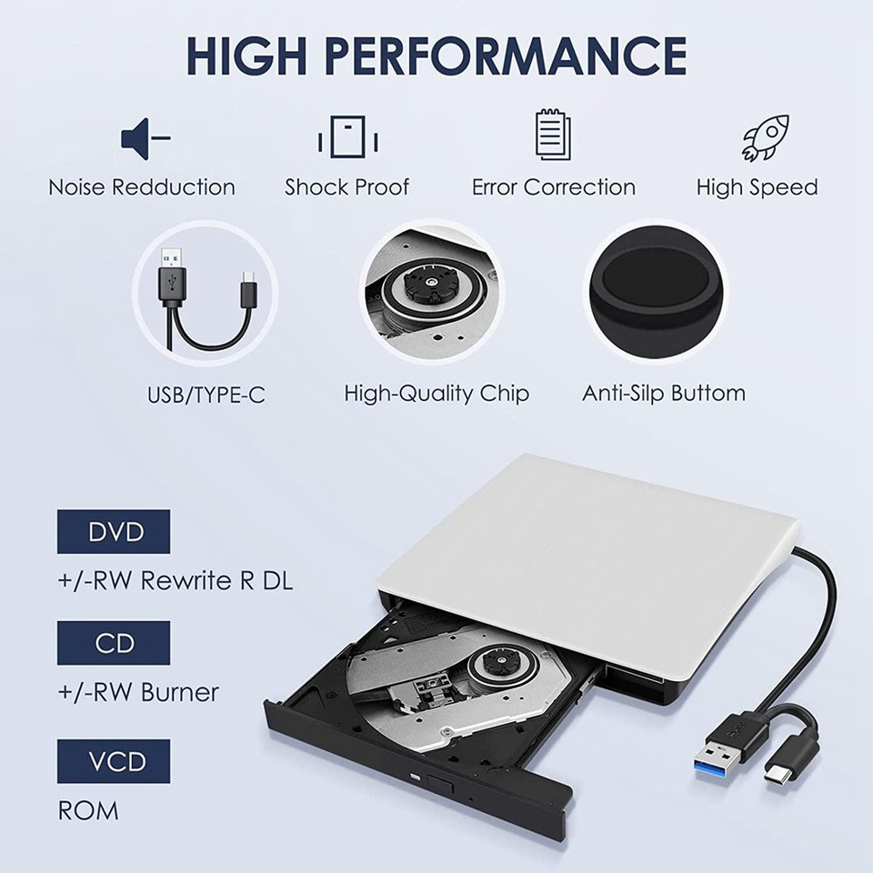 External CD DVD +/-RW Drive, USB 3.0 & USB-C Portable CD & DVD ROM ...
