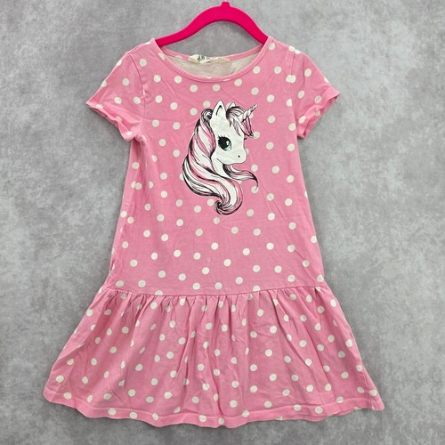 H&M Pink Polka Dot Unicorn Short Sleeve Dress Girls Toddler 4-6Y - Picture 1 of 5