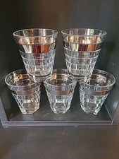EGO Italian Whiskey Glass Tumblers 6 Panel Silver Band Barware Glasses Set Of 5