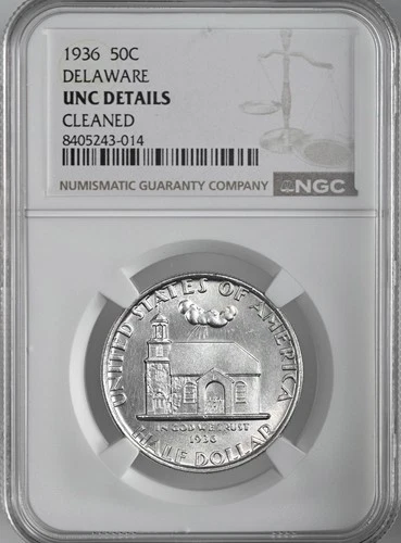1936  50C DELAWARE SILVER HALF DOLLAR  NGC UNC DETAILS "CLEANED" #8405243-014