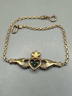 Vintage 14k Gelbgold Claddagh natürlicher Smaragd Armband Kette 7'' Nachlass 