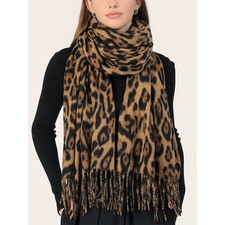 Oversized Leopard Print Scarf Brown Black Animal Print Fringe Shawl Wrap 86x24
